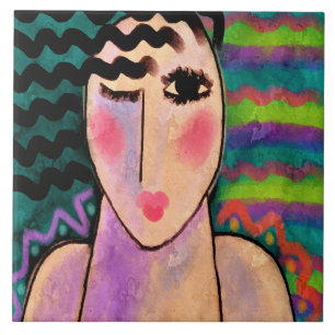 Azulejo De Cerâmica Retrato Digital Wild One Abstrato de uma Mulher
