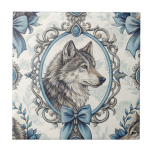 Azulejo De Cerâmica Retrato do Lobo de inverno em azul Ornamentado e q