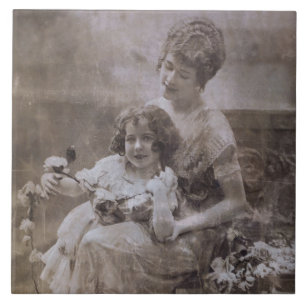 Azulejo De Cerâmica Retrato Mãe e Filho Vintage Sepia