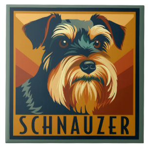 Azulejo De Cerâmica Retrato Retro de Schnauzer Preto e Prateado