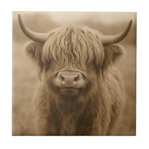 Azulejo De Cerâmica Retrato Sepia de Vaca das Terras Altas