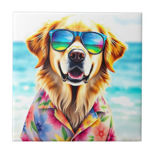 Azulejo De Cerâmica Retriever de Ouros Prontos para Praia no Watercolo