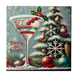Azulejo De Cerâmica Retro 50s Cranberry Snowflake Martini de Natal