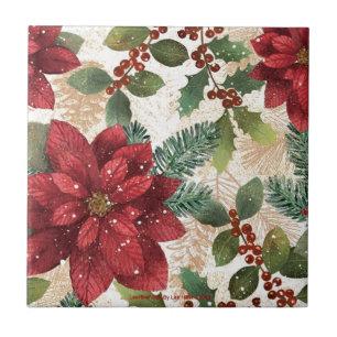 Azulejo De Cerâmica Retro 50s Poinsettia Vermelho Verde Creme