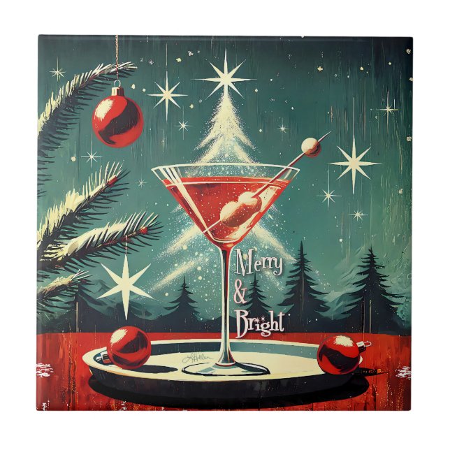 Azulejo De Cerâmica Retro 50s Snow Flurry Christmas Tree Martini (Frente)