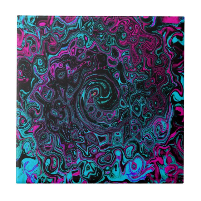 Azulejo De Cerâmica Retro Aqua Magenta e Abstrato preto (Frente)