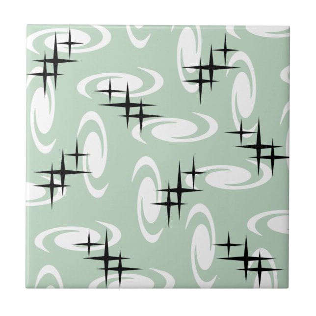 Azulejo De Cerâmica Retro Atomic Agirls Stars Patternos Sage Green (Frente)