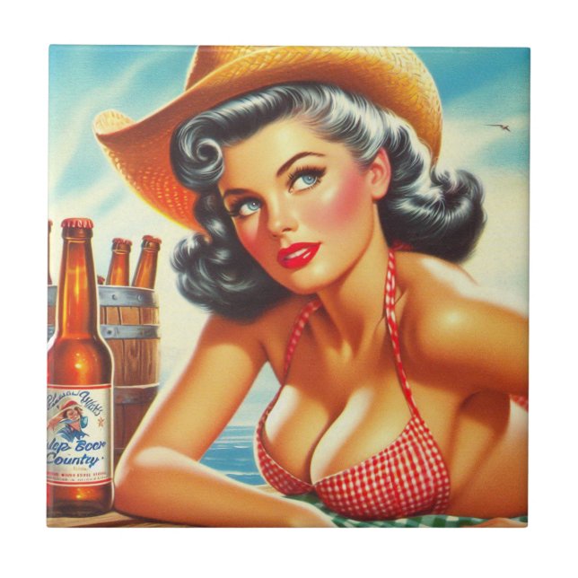 Azulejo De Cerâmica Retro Beer Country Girl (Frente)