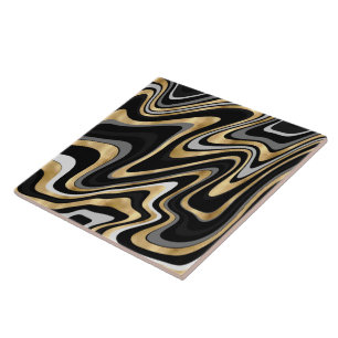 Azulejo De Cerâmica Retro Black Dourado Wavy Lines Modern Design