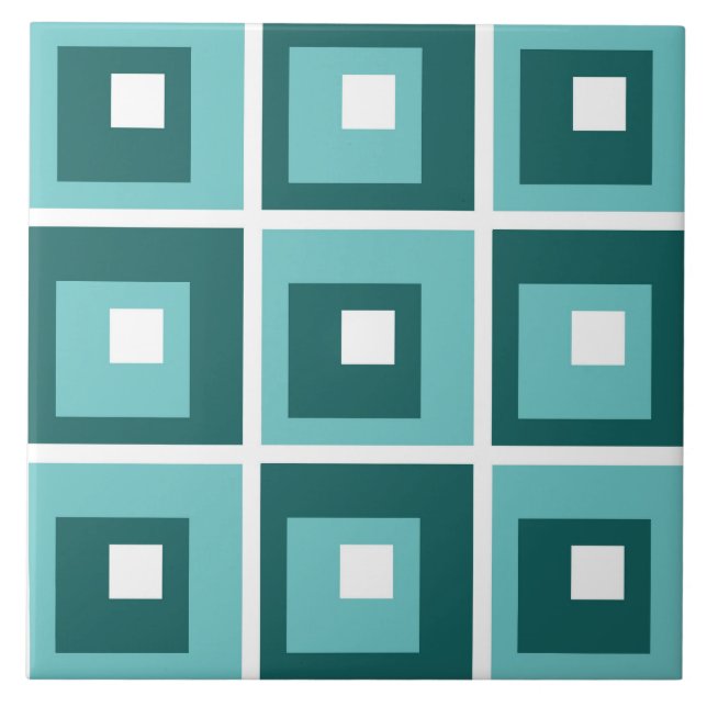 Azulejo De Cerâmica Retro Blue Geometric Squares Pattern (Frente)