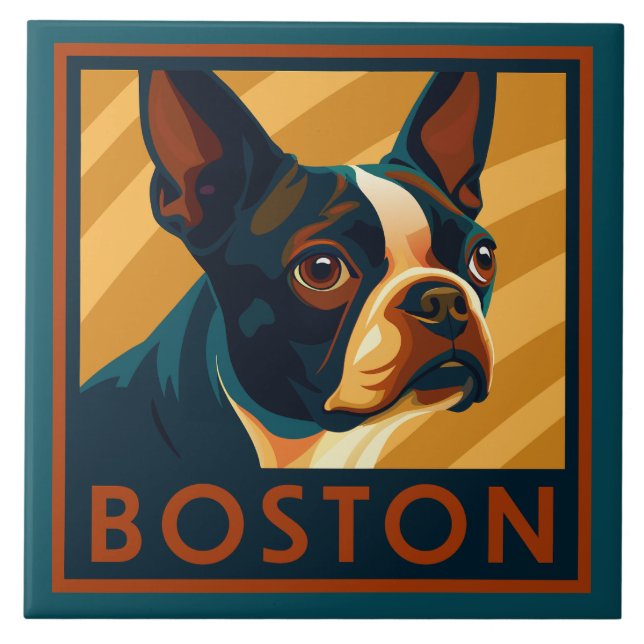 Azulejo De Cerâmica Retro Boston Terrier Retrato (Frente)