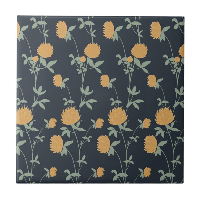 Azulejo De Cerâmica Retro Botanical Meadow Clover | Midnight Garden (Frente)