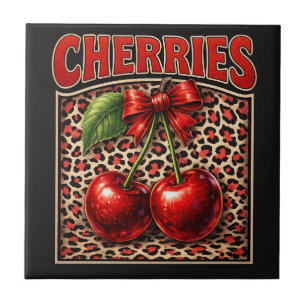 Azulejo De Cerâmica Retro Cherry Coquette Design de Laço Moderno no Le