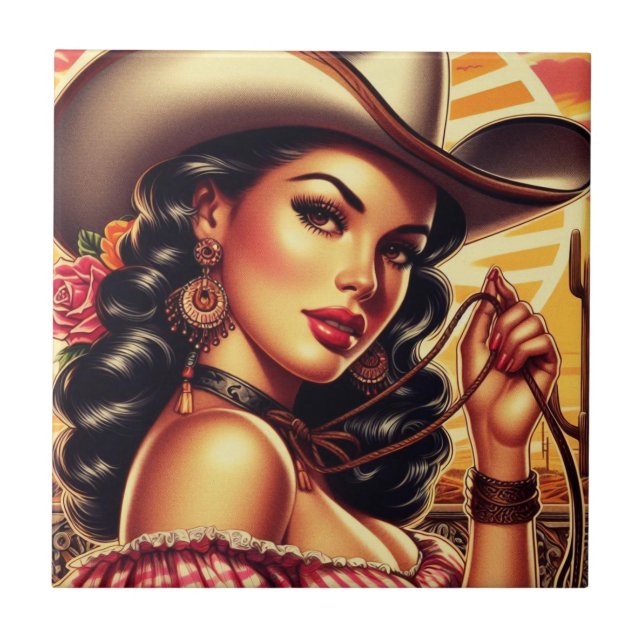 Azulejo De Cerâmica Retro Cowgirl (Frente)
