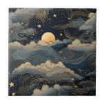 Azulejo De Cerâmica Retro da Lua das estrelas do céu azul<br><div class="desc">Um céu azul à noite como fundo,  decorado com estrelas e uma lua. Estilo retrorreflector</div>