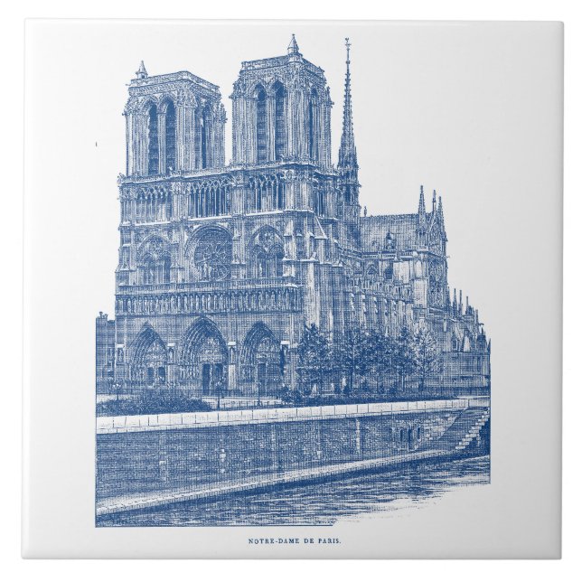 Azulejo De Cerâmica Retro Elegante Notre Dame de Paris Indigo Blue (Frente)