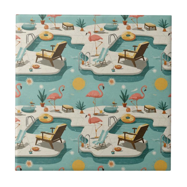 Azulejo De Cerâmica Retro Flamingo Poolside Summer Pattern (2) (Frente)