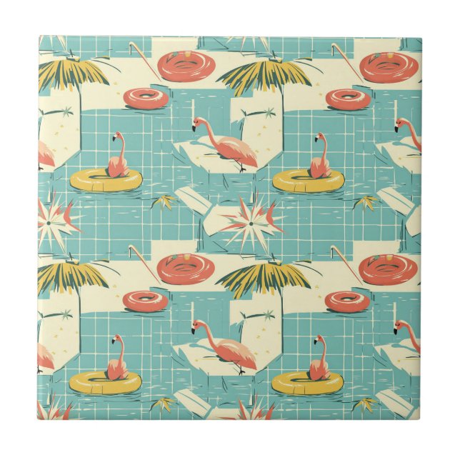 Azulejo De Cerâmica Retro Flamingo Poolside Summer Pattern (7) (Frente)