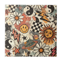 Azulejo De Cerâmica Retro Groovy Smiley Sun Daisy Psychedelic Pattern