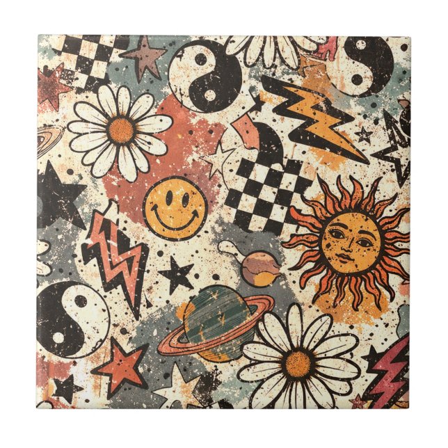 Azulejo De Cerâmica Retro Groovy Smiley Sun Daisy Psychedelic Pattern (Frente)