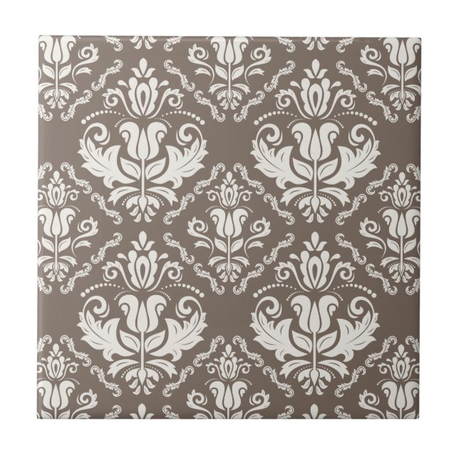Azulejo De Cerâmica Retrô Legista Ivory Damask Brocade Brown Padrão (Frente)
