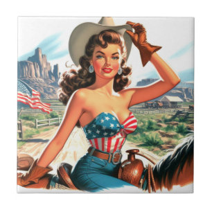 Azulejo De Cerâmica Retro Linda Cowgirl Pin Up