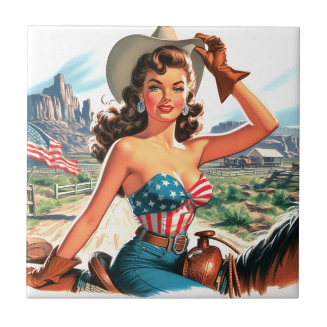 Azulejo De Cerâmica Retro Linda Cowgirl Pin Up (Frente)