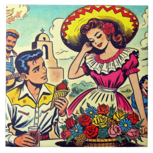 Azulejo De Cerâmica Retro Love Casal Comic