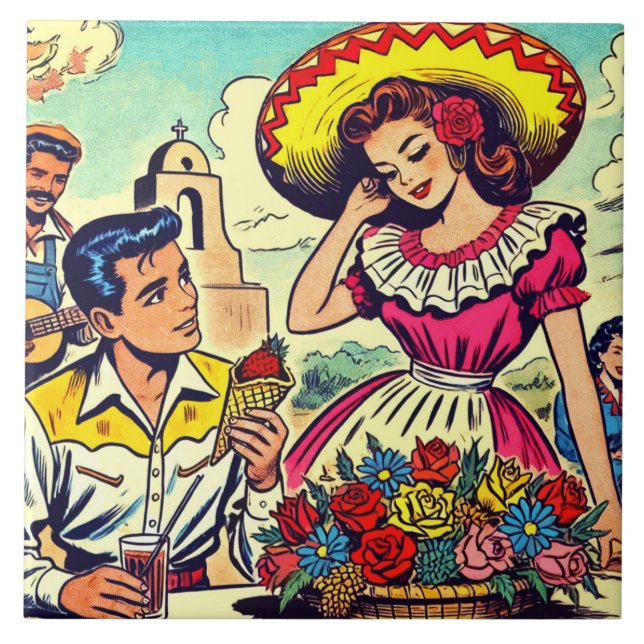 Azulejo De Cerâmica Retro Love Casal Comic (Frente)