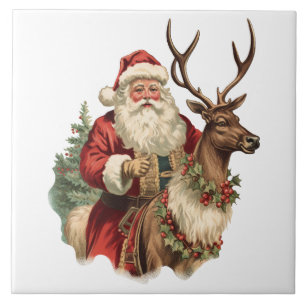 Azulejo De Cerâmica Retro Papai Noel Andando na Reena no Natal