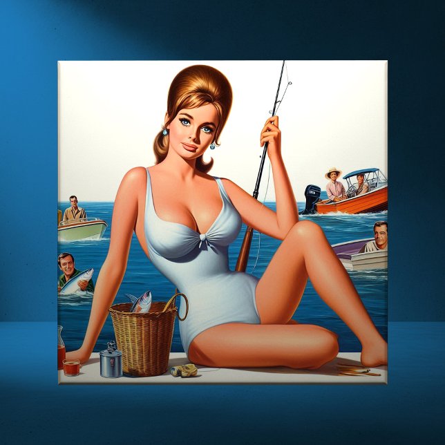 Azulejo De Cerâmica Retro Pin-up de Pesca (Criador carregado)