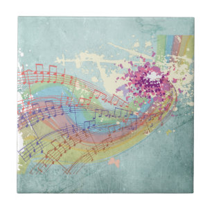 Azulejo De Cerâmica Retro Rainbow e Music Notes em uma Textura Shabby
