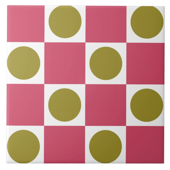 Azulejo De Cerâmica Retro Rosa e Oliva Círculo Verificado (Frente)