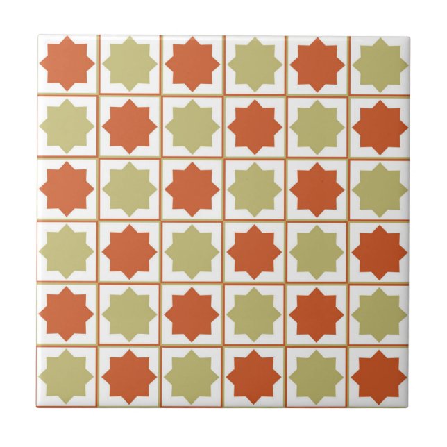 Azulejo De Cerâmica Retro Sage Green e Burnt Orange Islâmico Geometri (Frente)