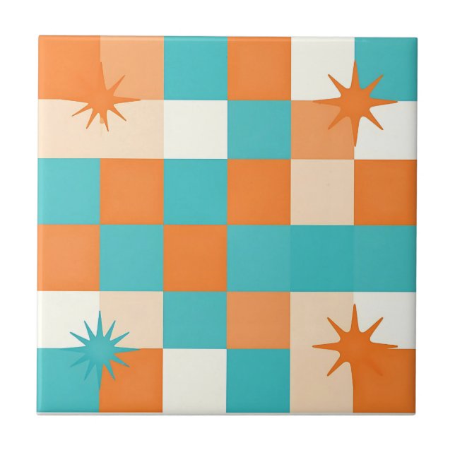 Azulejo De Cerâmica Retro Teal Orange Starburst Checkerboard (Frente)