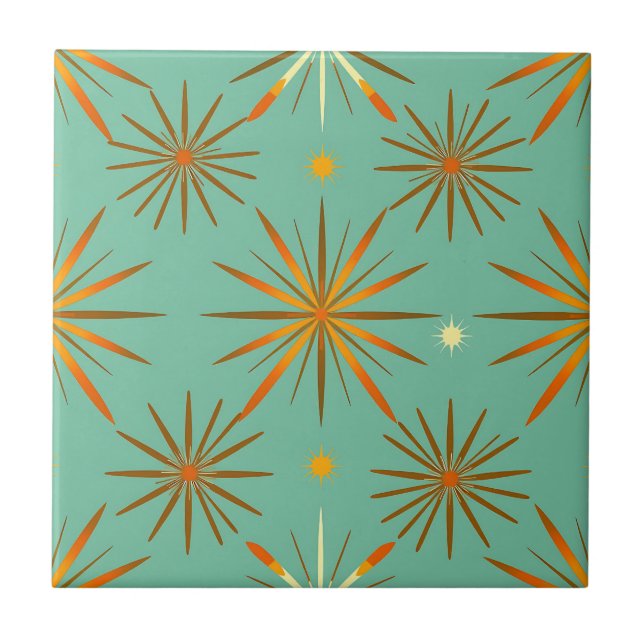 Azulejo De Cerâmica Retro Teal Orange Starburst Pattern (Frente)