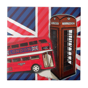 Azulejo De Cerâmica Retro Union Jack London Bus, cabina vermelha de te