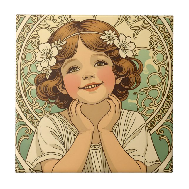 Azulejo De Cerâmica retro vintage child with flowers (Frente)