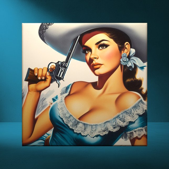 Azulejo De Cerâmica Retro Wild West Pin-up (Criador carregado)