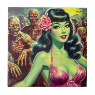 Azulejo De Cerâmica Retro Zombie Woman