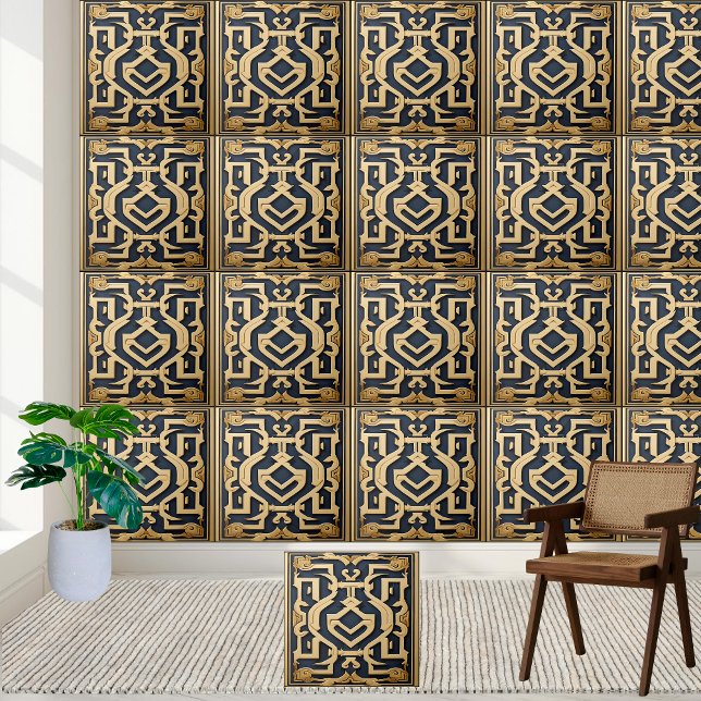 Azulejo De Cerâmica Rich Dourado Fundo Grego Azul (Rich Gold Blue Greek Backsplash Ceramic Tile)