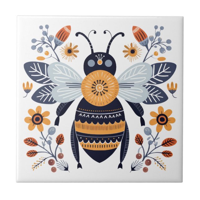 Azulejo De Cerâmica Rico Boho Honey Bee Scandinavian FolArt (Frente)