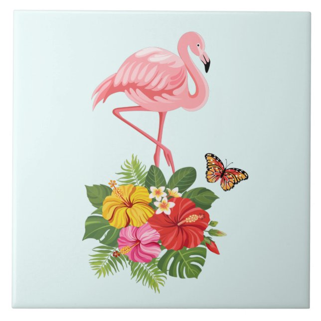 Azulejo De Cerâmica Rico rosa Flamingo e Hibiscus Tropical (Frente)