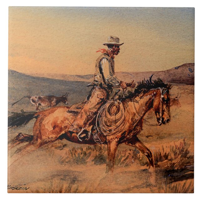 Azulejo De Cerâmica "Riding Herd" Arte Ocidental de Edward Borein (Frente)