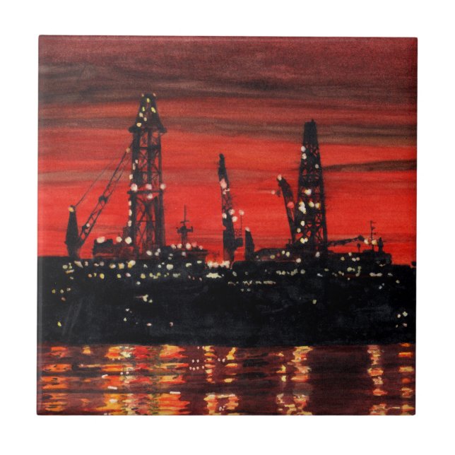 Azulejo De Cerâmica Riges de petróleo à noite (Frente)