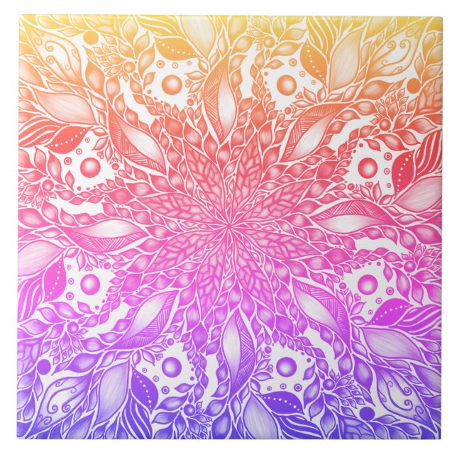 Azulejo De Cerâmica Rinbow ombre leaf mandala (Frente)