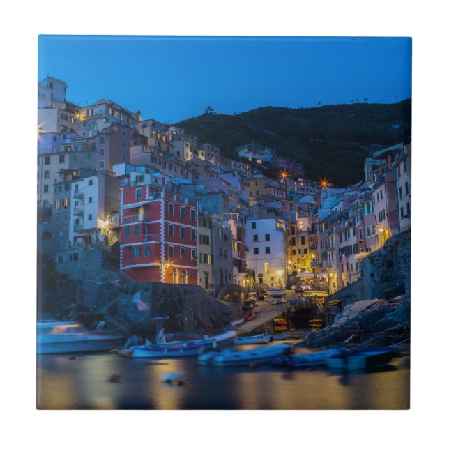 Azulejo De Cerâmica Riomaggiore à noite Cinque Terre Liguria Itália (Frente)