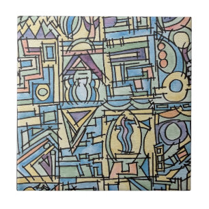 Azulejo De Cerâmica Ritmo Em Azul-Arte Geométrica Moderna em Aquarela
