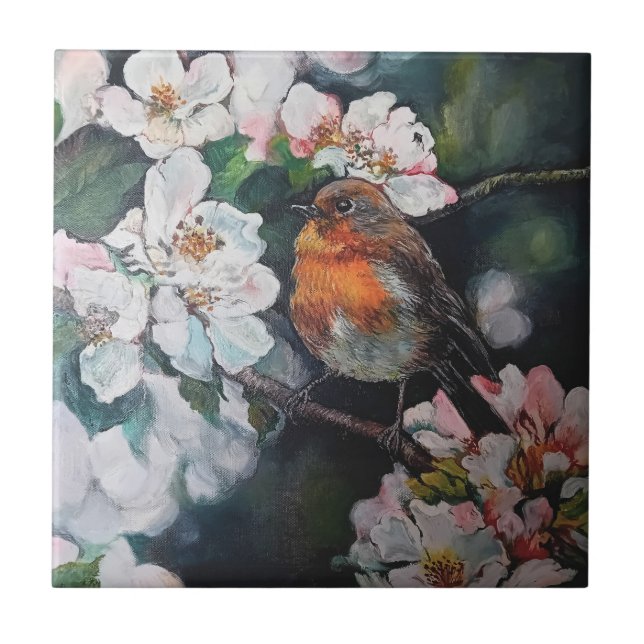 Azulejo De Cerâmica Robin com flor de cereja (Frente)