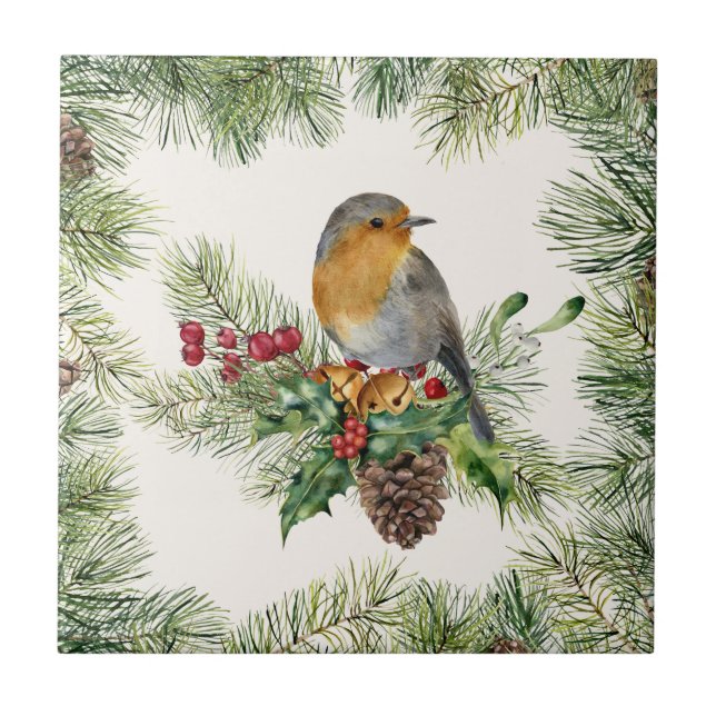Azulejo De Cerâmica Robin, Holly, Pine Christmas (Frente)
